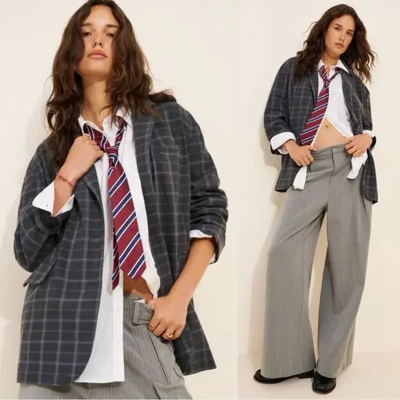 Free People Oversized Layering Menswear Reggie Blazer Blue Plaid Medium Preppy